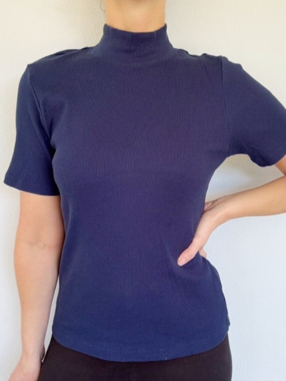 Erika navy blue ribbed knit mock neck stretchy cotton blend top size large